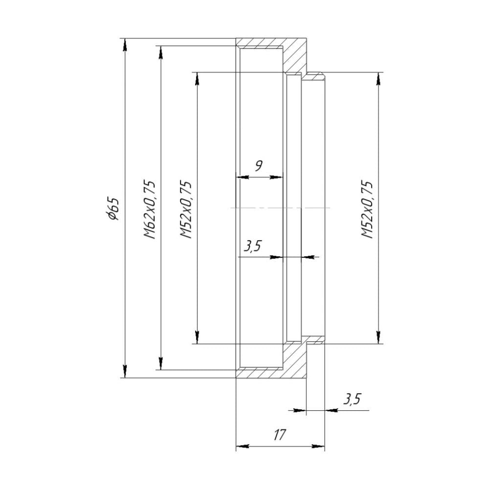 M52x0.75 male to M62x0.75 female thread adapter