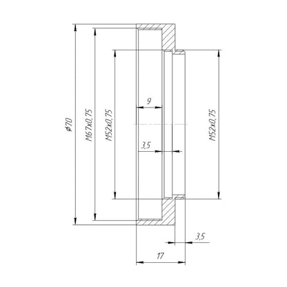 M52x0.75 male to M67x0.75 female thread adapter