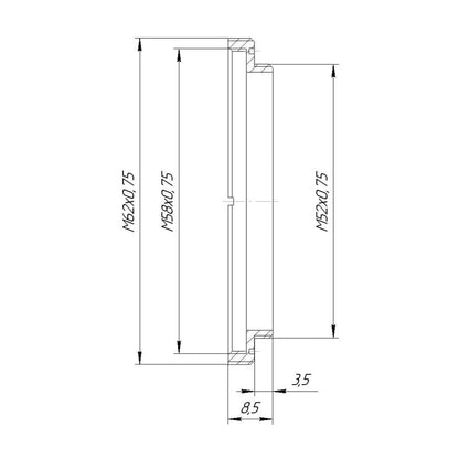 M52x0.75 male to M58x0.75 female thread adapter with extra M62x0.75 male thread