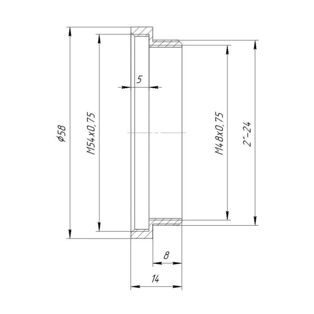 M54x0.75 female to SCT male thread adapter, 8mm long