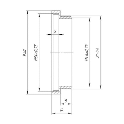 M54x0.75 female to SCT male thread adapter, 8mm long