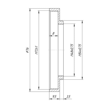 M54x0.75 male to M72x1 female thread adapter