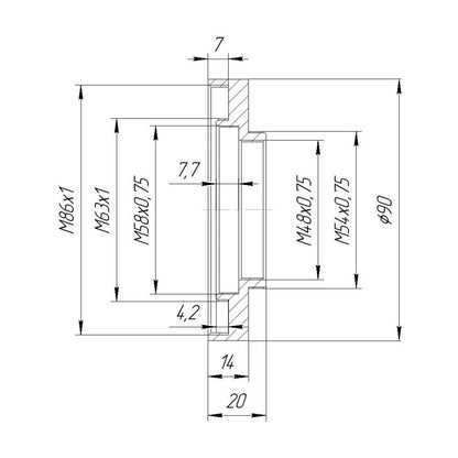 M54x0.75 male to M86x1 female thread adapter