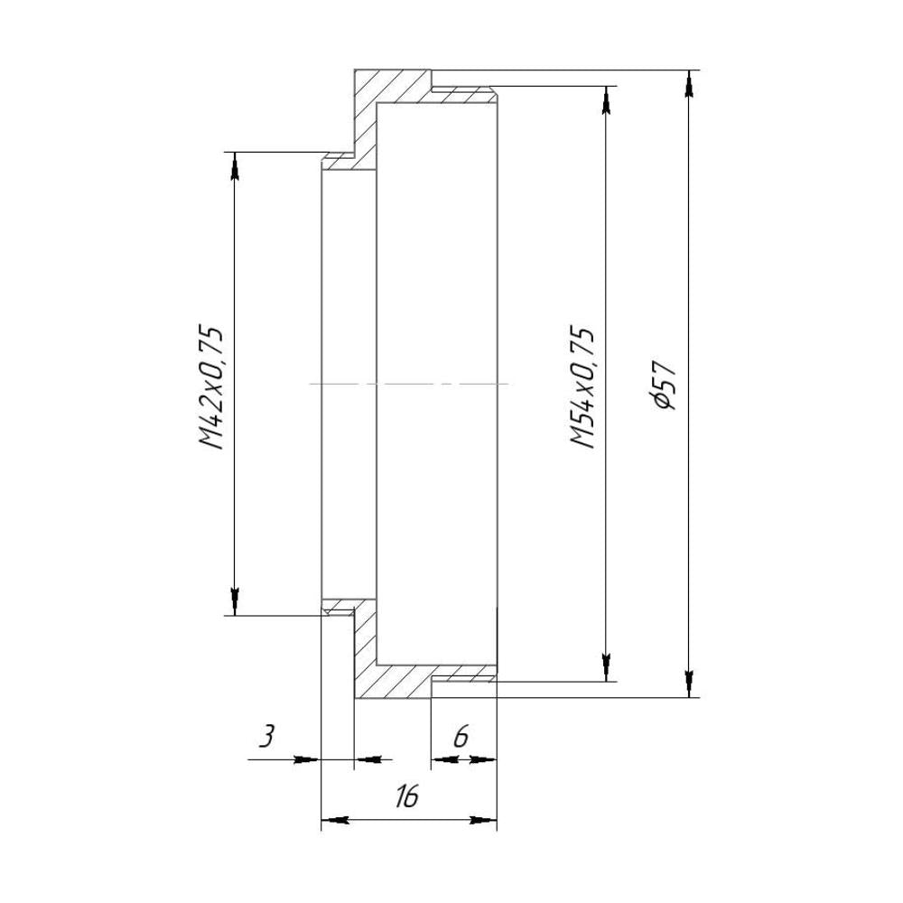 M54x0.75 male to M42x0.75 (T2) male thread adapter, 7mm long