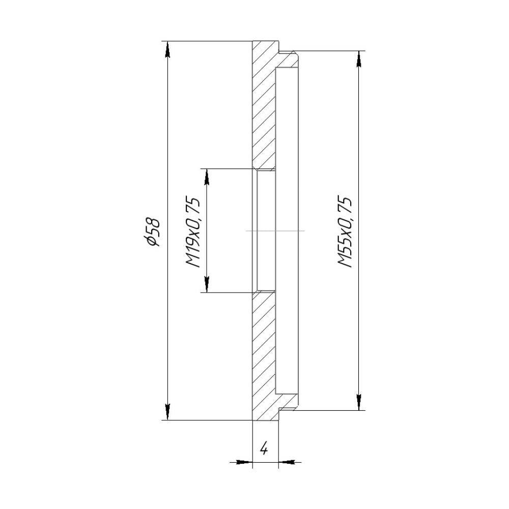 M55x0.75 male to M19x0.75 female thread adapter (55mm to 19mm step-down ring)