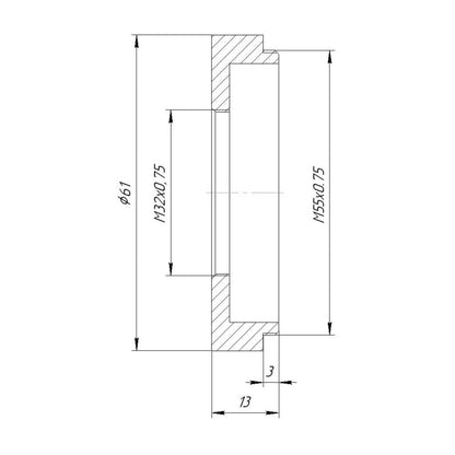 M55x0.75 male to M32x0.75 female thread adapter, 10mm deep