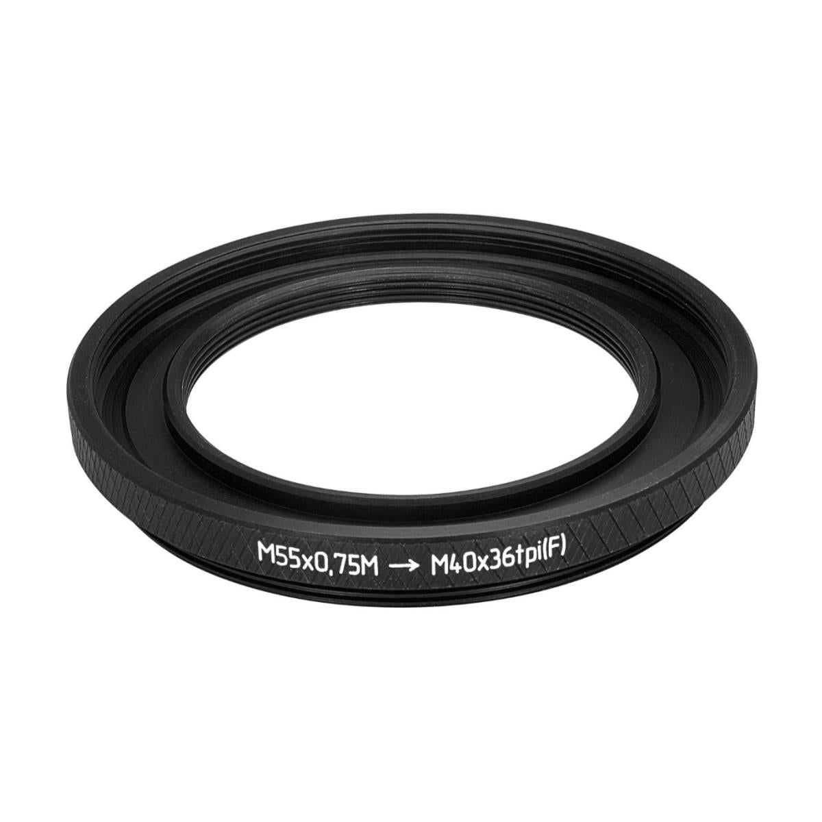 M55x0.75 male to M40x36tpi female thread adapter (55mm to 40mm step-down ring)