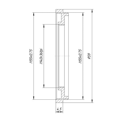 M55x0.75 male to M40x36tpi female thread adapter (55mm to 40mm step-down ring)