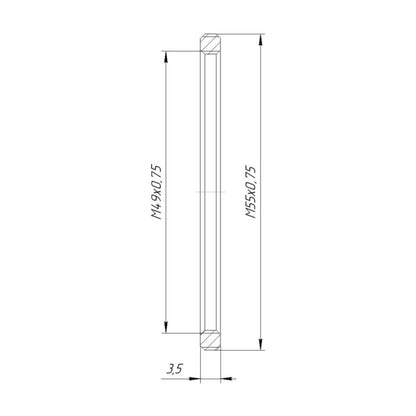 M55x0.75 male to M49x0.75 female thread adapter (step-down ring), flangeless