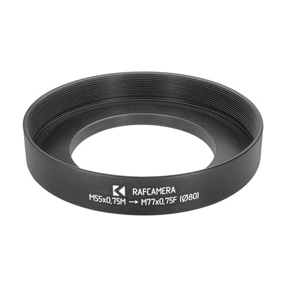 M55x0.75 male to M77x0.75 female thread adapter with 80mm outer diameter