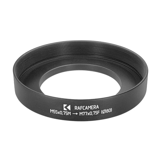 M55x0.75 male to M77x0.75 female thread adapter with 80mm outer diameter