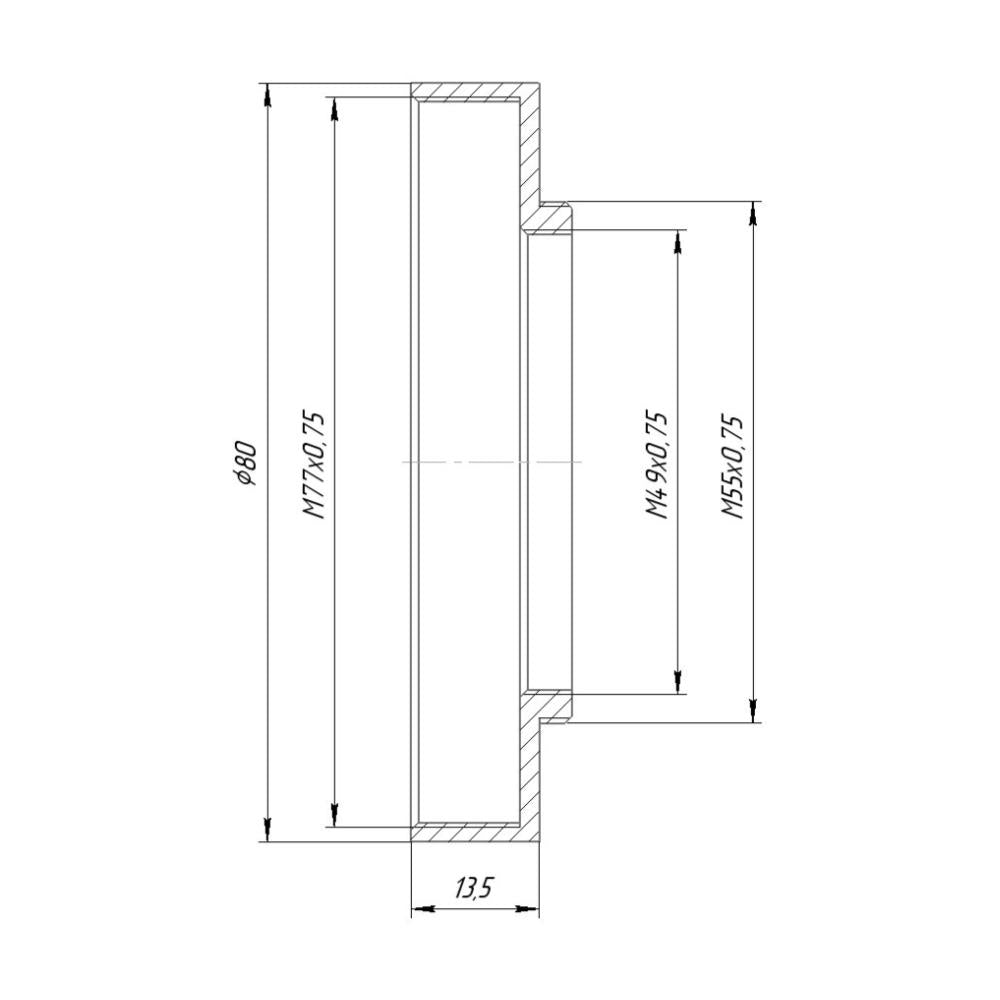 M55x0.75 male to M77x0.75 female thread adapter with 80mm outer diameter