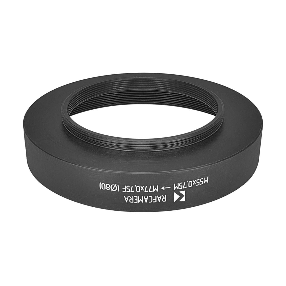 M55x0.75 male to M77x0.75 female thread adapter with 80mm outer diameter