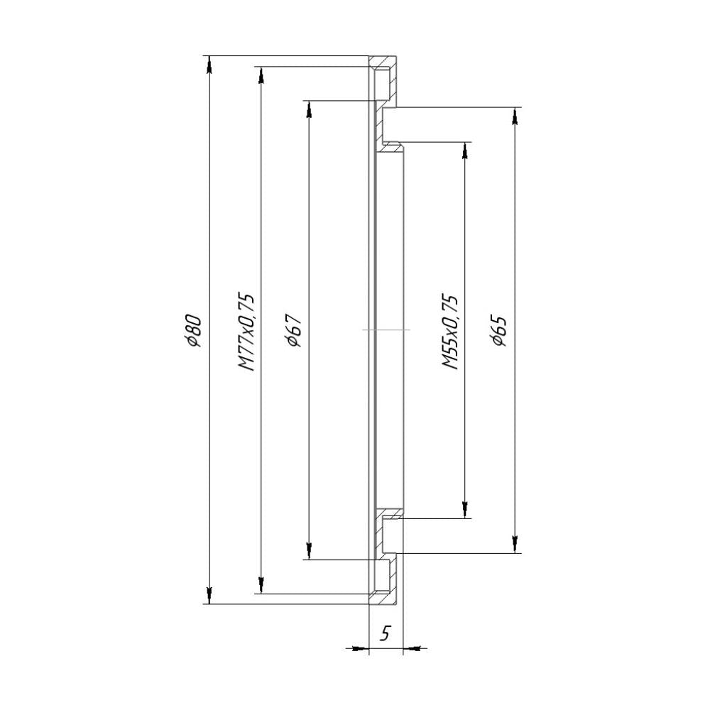 M55x0.75 male to M77x0.75 female thread adapter, short