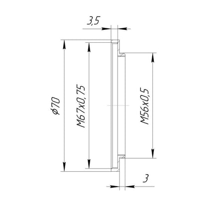 M56x0.5 male to M67x0.75 female thread adapter