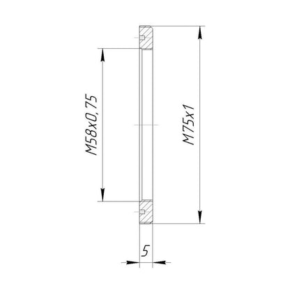 M58x0.75 female to M75x1 male thread adapter, flangeless