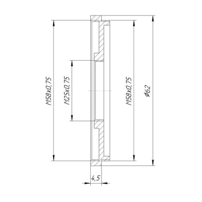 M58x0.75 male to M25x0.75 female thread adapter (58mm to 25mm step-down ring)