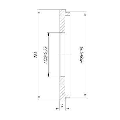 M58x0.75 male to M30x0.75 female thread adapter (58mm to 30mm step-down ring)