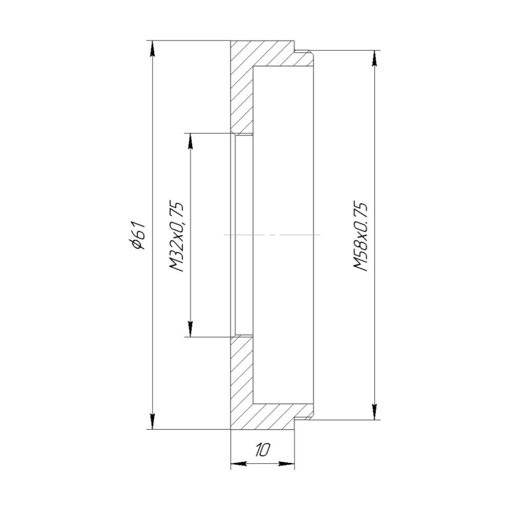 M58x0.75 male to M32x0.75 female thread adapter, 10mm deep