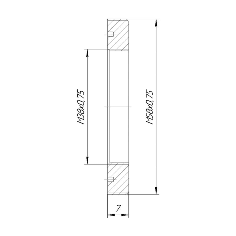 M58x0.75 male to M38x0.75 female thread adapter, flangeless, 7mm