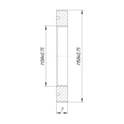 M58x0.75 male to M38x0.75 female thread adapter, flangeless, 7mm