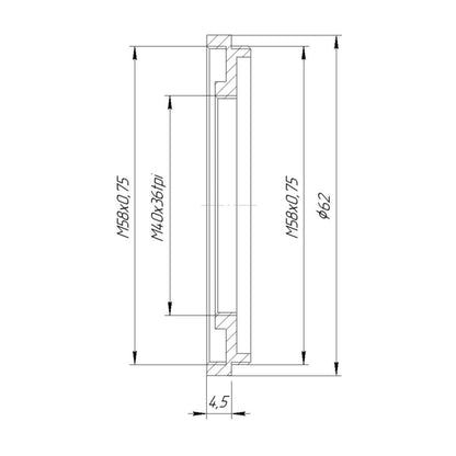M58x0.75 male to M40x36tpi female thread adapter (58mm to 40mm step-down ring)
