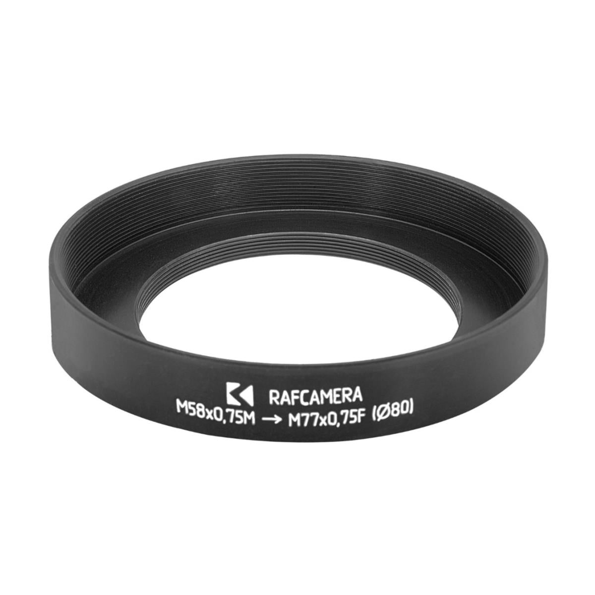 M58x0.75 male to M77x0.75 female thread adapter with 80mm outer diameter
