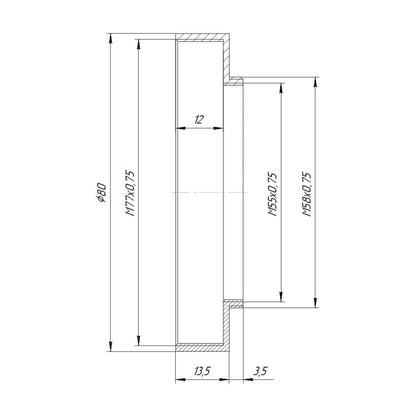 M58x0.75 male to M77x0.75 female thread adapter with 80mm outer diameter