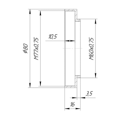 M60x0.75 male to M77x0.75 female thread adapter with 80mm outer diameter