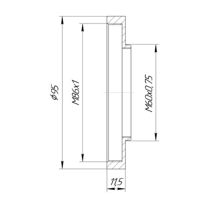 M60x0.75 male to M86x1 female thread adapter with 95mm outer diameter