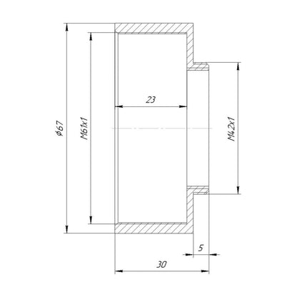 M61x1 female to M42x1 male thread adapter, 25mm long