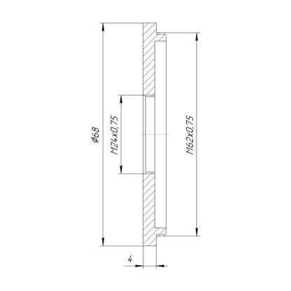 M62x0.75 male to M24x0.75 female thread adapter (62mm to 24mm step-down ring)