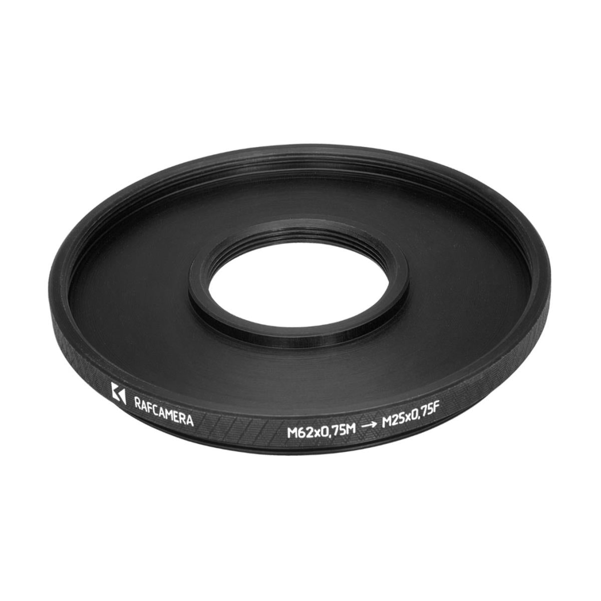 M62x0.75 male to M25x0.75 female thread adapter (62mm to 25mm step-down ring)