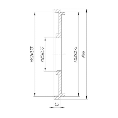 M62x0.75 male to M25x0.75 female thread adapter (62mm to 25mm step-down ring)