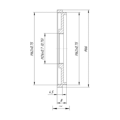 M62x0.75 male to M26x0.75 female thread adapter (62mm to 26mm step-down ring)