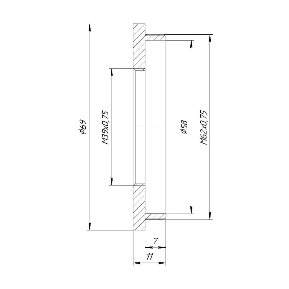 M62x0.75 male to M39x0.75 female thread adapter with retaining ring