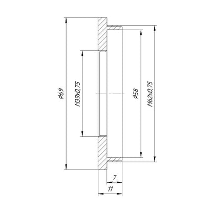 M62x0.75 male to M39x0.75 female thread adapter with retaining ring
