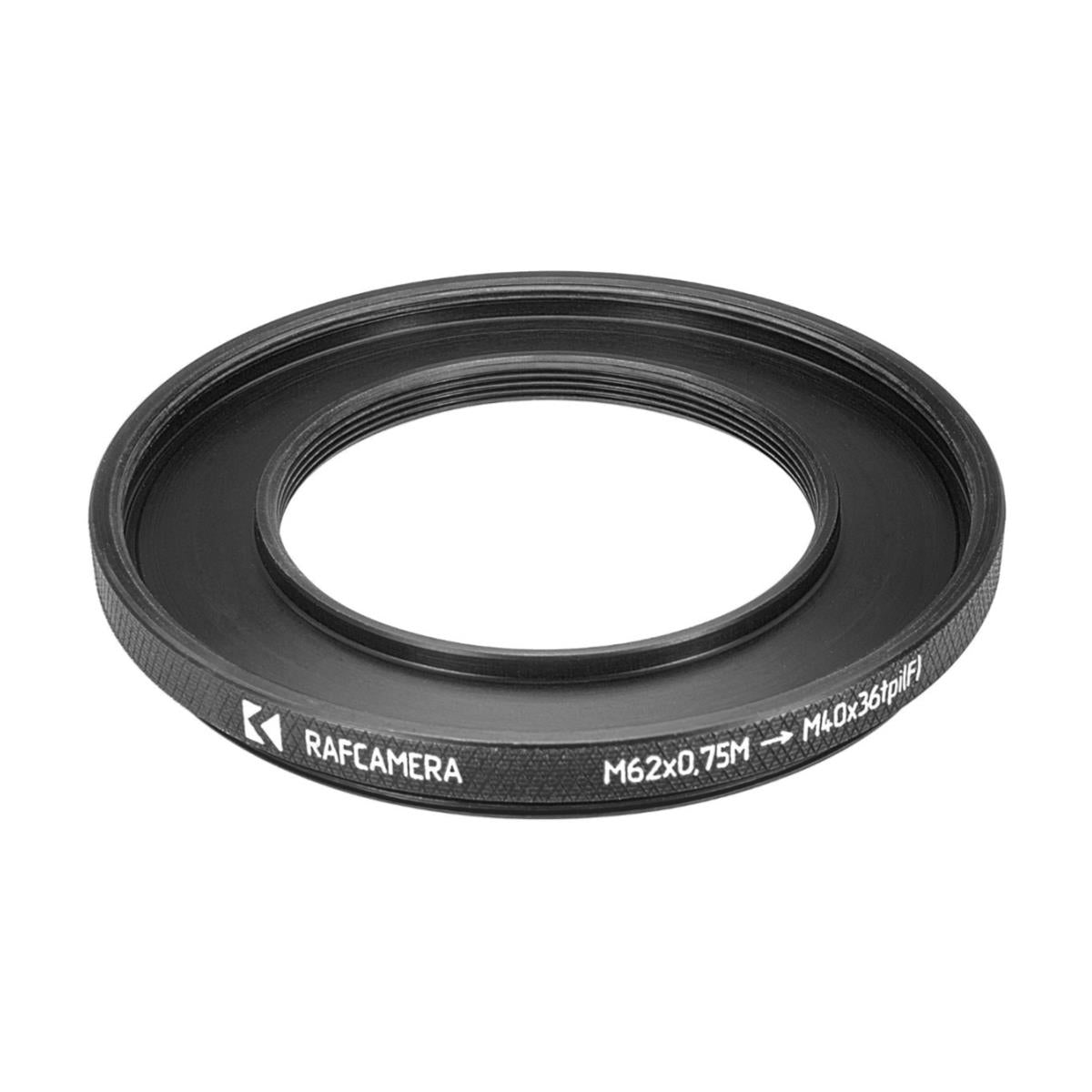 M62x0.75 male to M40x36tpi female thread adapter (62mm to 40mm step-down ring)