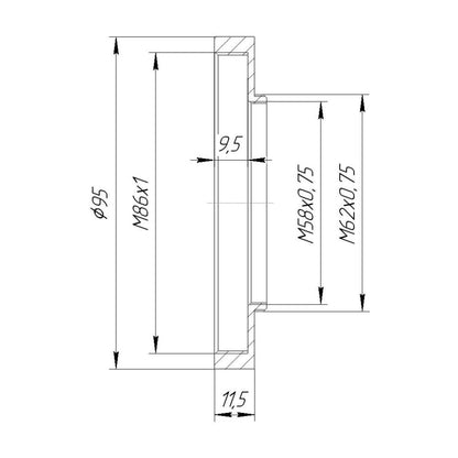 M62x0.75 male to M86x1 female thread adapter with 95mm outer diameter