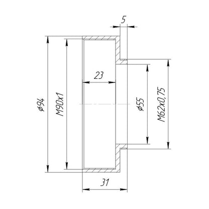 M62x0.75 male to M90x1 female thread adapter