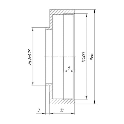 M62x1 female to M42x0.75 (T2) male thread adapter, 18mm long