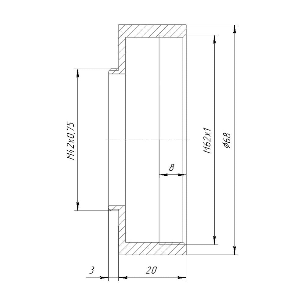 M62x1 female to M42x0.75 (T2) male thread adapter, 20mm long