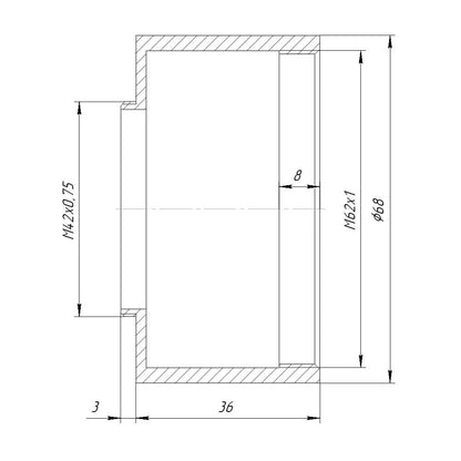 M62x1 female to M42x0.75 (T2) male thread adapter, 36mm long