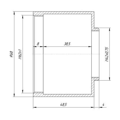 M62x1 female to T2 (M42x0.75) male thread adapter