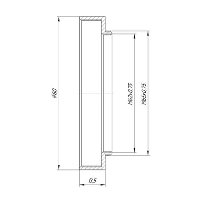 M65x0.75 male to M77x0.75 female thread adapter with 80mm outer diameter