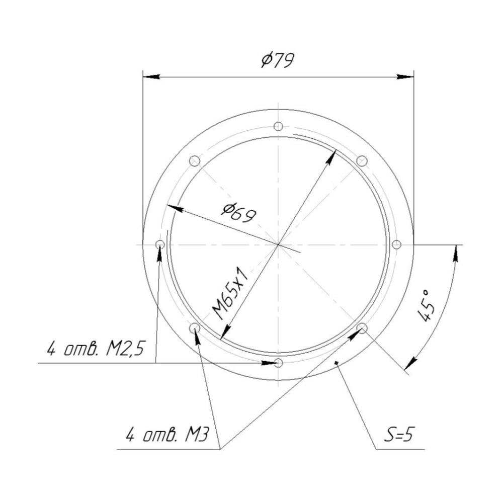 Lens board (lens flange) with M65x1 female thread, 79mm, 8 screw holes (M2.5, M3)