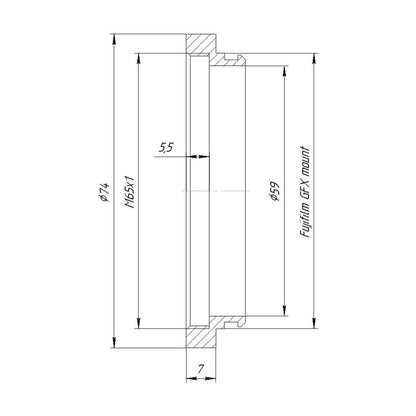 M65x1 female thread to Fujifilm GFX camera mount adapter