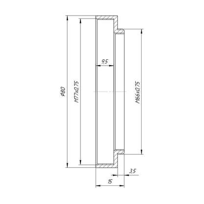 M66x0.75 male to M77x0.75 female thread adapter with 80mm outer diameter