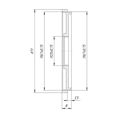 M67x0.75 male to M25x0.75 female thread adapter (67mm to 25mm step-down ring)