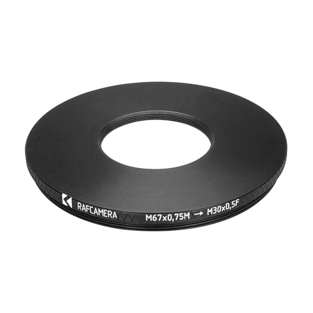 M67x0.75 male to M30x0.5 female thread adapter (67mm to 30mm step-down ring)